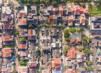 Aerial view of residential areas in the Gede Bage area, outskirts of Bandung City, West Java, Indonesia. The development of built-up areas continues to move towards the outskirts of the city.