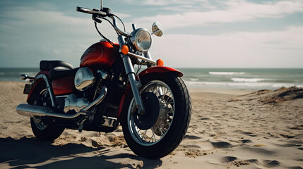 Old red vintage motorcycle parked on the beach. The concept of freedom, summer and vacation on the clear blue sea.