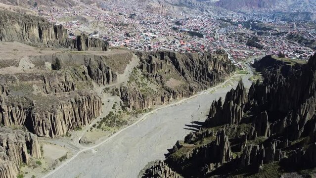 Aerial flyover: Valle de las Animas erosion landscape near La Paz, BOL