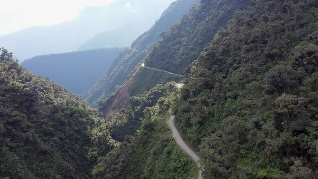 Aerial view of Yungas Road, death road, in high mountains of Bolivia