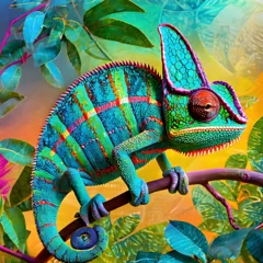   Colourful Chameleon sitting on Tree branch ,chameleon panther closeup ,Generative AI © Zigma Arts