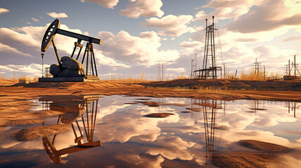 Oil concept. Oil pumping unit. Mining of oil and gas. Oil field area. Pump Jack is working. Drilling rigs for fossil fuel and crude oil extraction. Global crisis. War on oil prices
