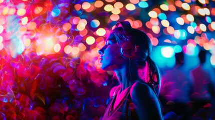 A bright multi-colored image of a woman wearing headphones in a nightclub. Modern pop music, female DJ.