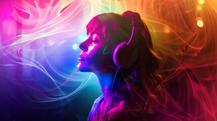 A bright multi-colored image of a woman wearing headphones in a nightclub. Modern pop music, female DJ.