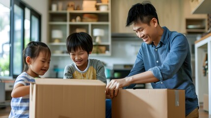 Diverse asian family moving home