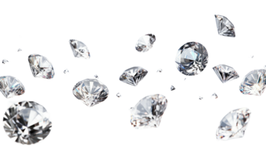 Flying Diamonds Sparkle in the Air. A captivating moment captured as a multitude of diamonds float and shine in the atmosphere. on a White or Clear Surface PNG Transparent Background.