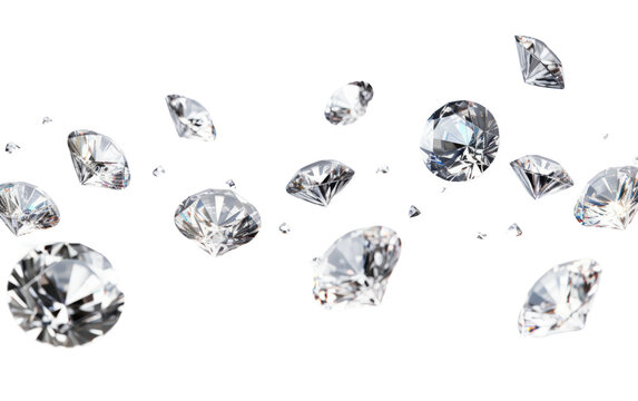 Flying Diamonds Sparkle in the Air. A captivating moment captured as a multitude of diamonds float and shine in the atmosphere. on a White or Clear Surface PNG Transparent Background.