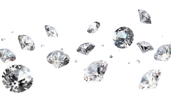 Flying Diamonds Sparkle in the Air. A captivating moment captured as a multitude of diamonds float and shine in the atmosphere. on a White or Clear Surface PNG Transparent Background.