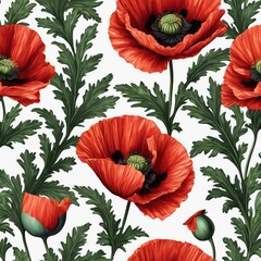Red Poppy flower pattern Floral Nature illustration AI generated
