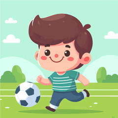 happy little boy playing soccer ball in the field cartoon character illustration