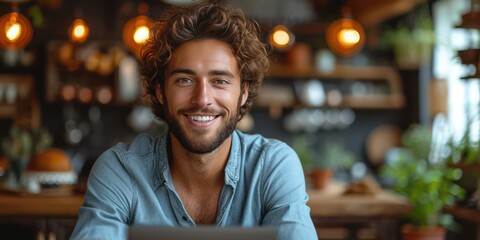 Happy young man sitting in front of a laptop working at home, natural colors light background - Powered by Adobe