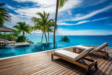 Tropical Resort Infinity Pool Overlooking the Ocean. Generative ai