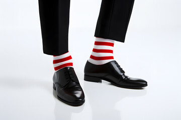 Feet of man in business pants and shoes with funny red and white striped socks