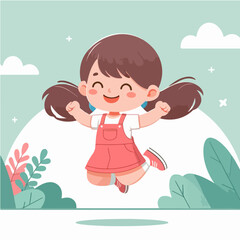 cute little girl jumping happily cartoon character illustration