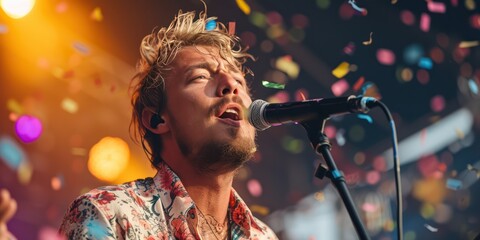 A man singing onstage at a music festival, he has messy short blonde hair, facial hair, attractive, sophisticated indie aesthetic