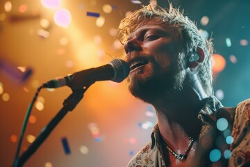 A man singing onstage at a music festival, he has messy short blonde hair, facial hair, attractive,...