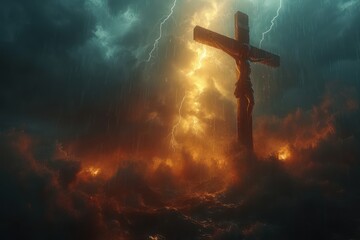 Jesus Christ on the cross, thunder lightning storm dark clouds in the background - obrazy, fototapety, plakaty