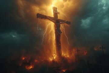 Jesus Christ on the cross, thunder lightning storm dark clouds in the background