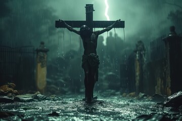 Jesus Christ on the cross, thunder lightning storm dark clouds in the background