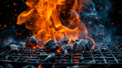 Hot orange flames and smoke rise from a charcoal grill, ready for barbecuing