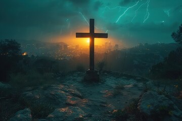 Jesus Christ on the cross, thunder lightning storm dark clouds in the background - obrazy, fototapety, plakaty