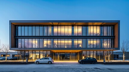 Fototapeta premium Corporate Elegance: Modern Office Complex at Dusk. Generative ai