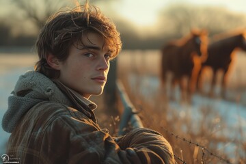 Portrait of a young man 17-year-old in the country standing with his back to us near a low fence, Behind the fence, horses roamed under the soft sunlight