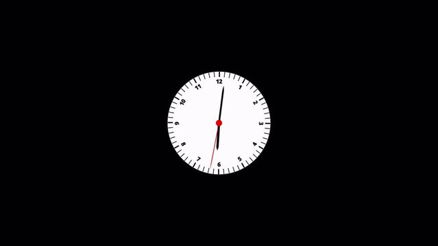 Round analogue wall clock with rotating animated needle on alpha channel, Round analogue clock with moving hands on a transparent background