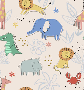 set with tropical animals. Creative nursery pencil drawing effect background. Perfect for kids design, fabric, wrapping, wallpaper, textile, apparel