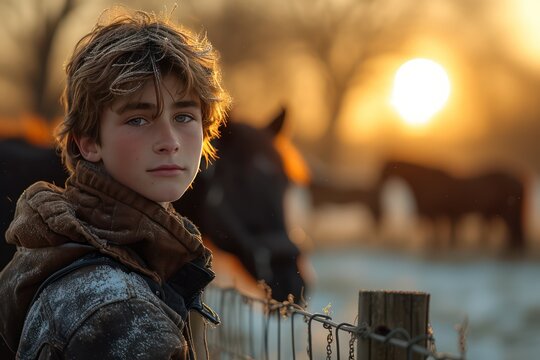 Portrait of a young man 17-year-old in the country standing with his back to us near a low fence, Behind the fence, horses roamed under the soft sunlight