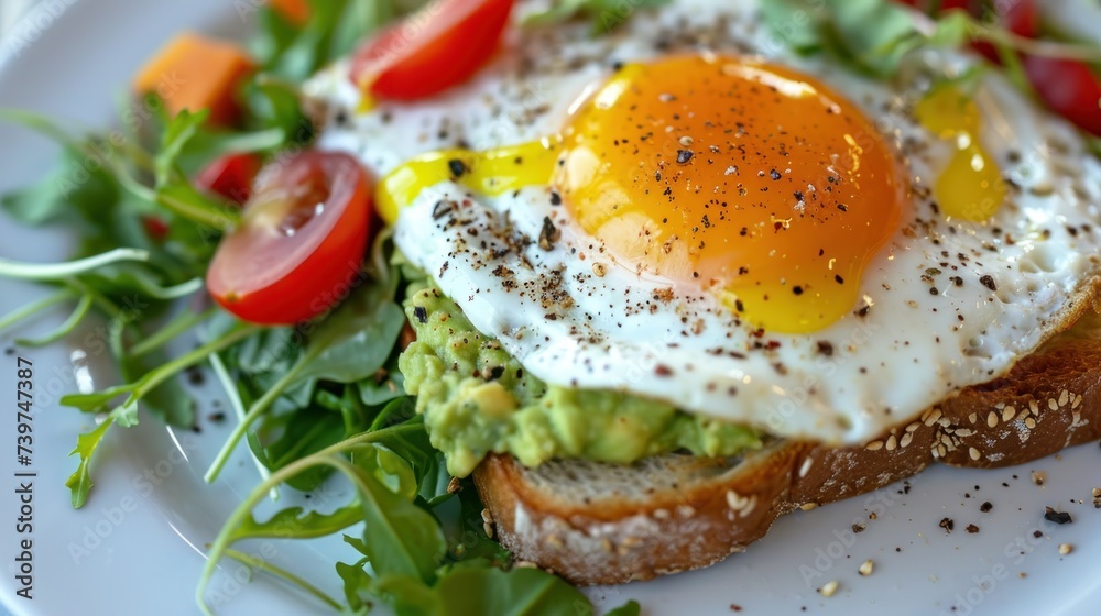 Wall mural Avocado toast with fried egg and vegetables on white plate, closeup. - Wall murals