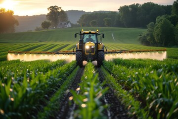 Tractor spraying pesticides in green corns field during springtime