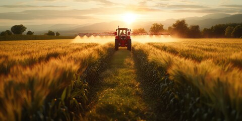 Tractor spraying pesticides in green corns field during springtime - obrazy, fototapety, plakaty