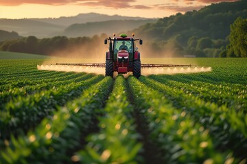 Obraz premium Tractor spraying pesticides in green corns field during springtime