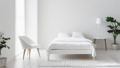 A simple room with bright white walls and a bed.