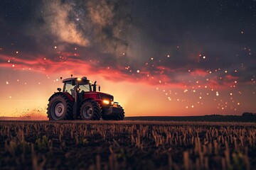 Fototapeta premium Tractor at sunset