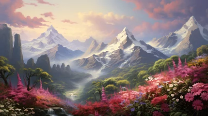 Zelfklevend Fotobehang A painting of a mountain landscape © Cybonix