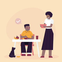 Mom feeds the boy lunch or dinner. Little kid do breakfast with healthy food. African american boy eating breakfast at table. Daily nutrition. Parent giving food to child.