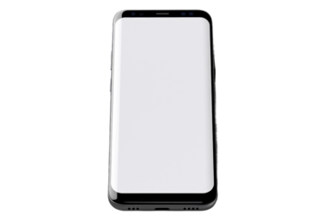 Black and White Cell Phone With Blank Screen. A black and white cell phone resting on a surface with a blank screen. on a White or Clear Surface PNG Transparent Background.