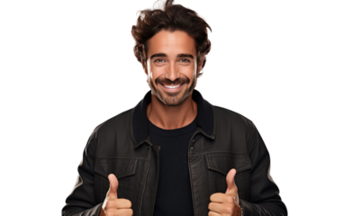 Smiling Man in Black Jacket Giving a Thumbs Up. A man wearing a black jacket showcases his approval with a bright smile, expressing positivity by giving a thumbs up gesture.