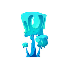 Magic blue tree from alien world, cartoon vector fantasy forest plant, fairytale crown with dripping slime, game asset