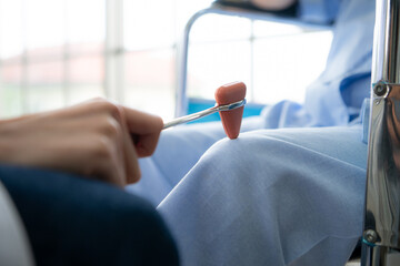 A doctor uses a reflex hammer to evaluate a patient's knee joint