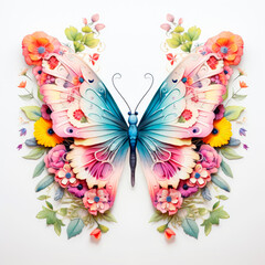 A painted large butterfly with flowers on its wings on a white background