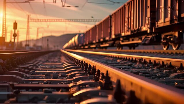 A closeup of a freight train ping through an industrial landscape symbolizing the increased use of rail transportation in reshoring and the resulting decrease in trucking