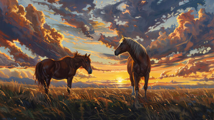 Two horses at sunrise Tenderness - obrazy, fototapety, plakaty