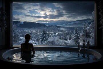young woman relaxing in outdoor warm tub and enjoying snowy winter forest landscape at spa resort