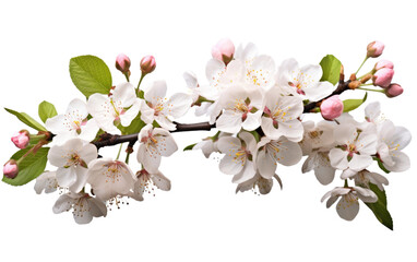 Branch With White Flowers and Green Leaves. A branch covered in white flowers and surrounded by vibrant green leaves. on a White or Clear Surface PNG Transparent Background.