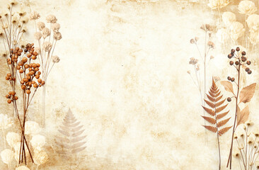 Retro background with dry pressed leaves and flowers on paper texture. Craft eco paper sheet...