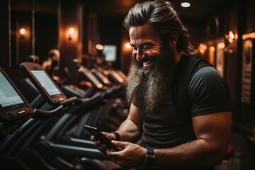 Happy athletic man using mobile phone while working out in gym and looking at camera - obrazy, fototapety, plakaty