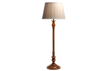 Wooden Floor Lamp With White Shade. A wooden floor lamp featuring a white shade. on a White or Clear Surface PNG Transparent Background.